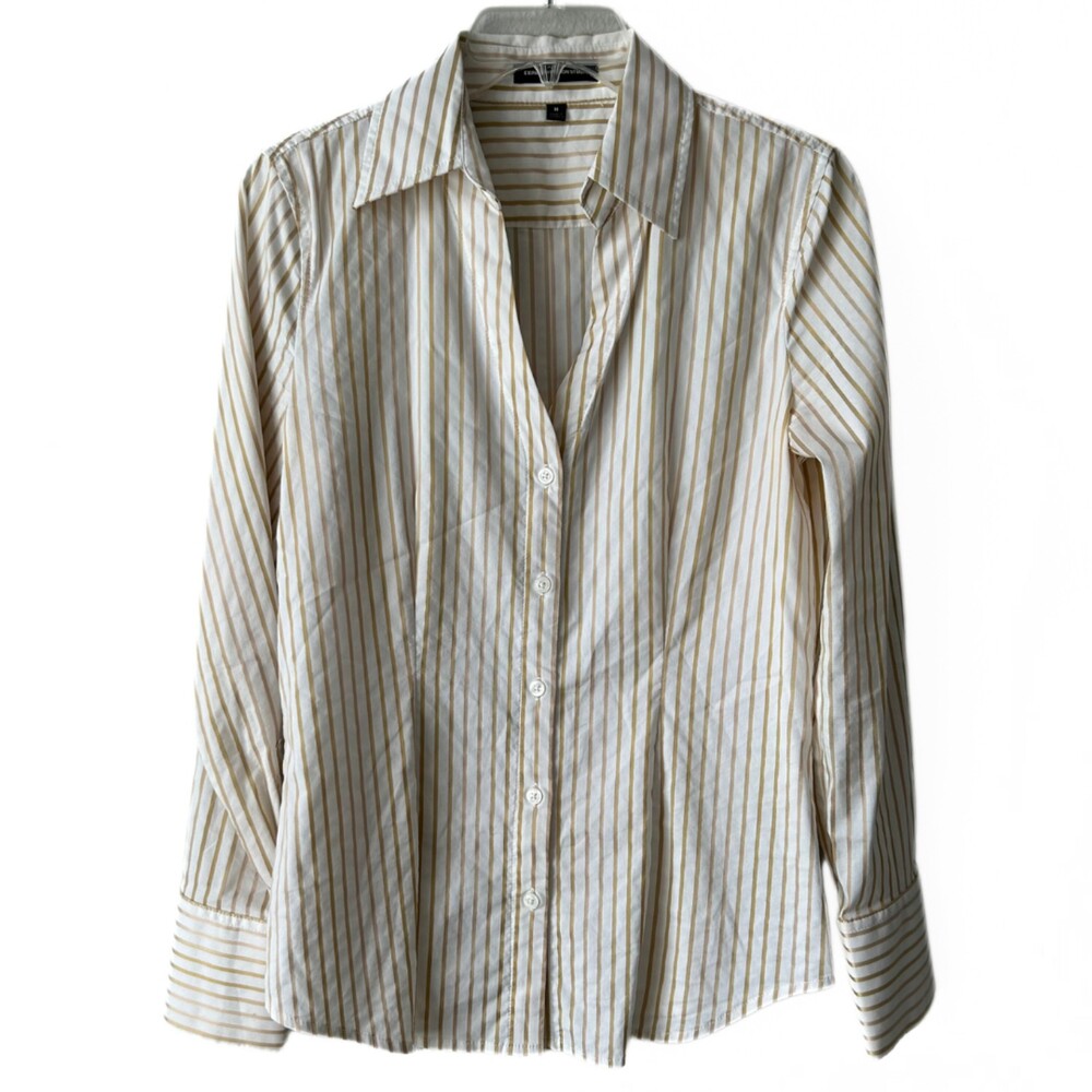 Express Button Down Long Sleeve Gold Striped V-Neck Blouse Women’s Size M